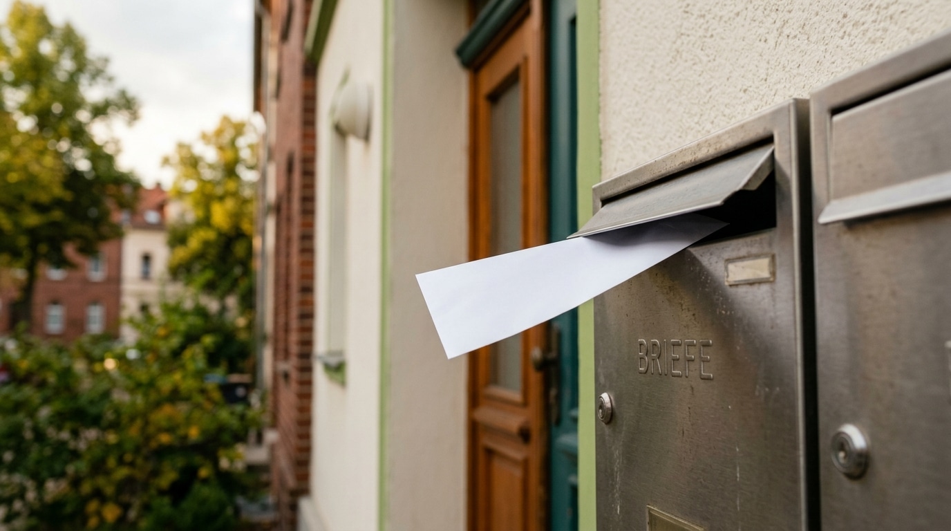 KI-generiertes Symbolbild: Ein weißer Briefumschlag steckt in einem Briefkasten und symbolisiert eine drohende Abmahnung wegen einer unvollständigen Energieausweis Immobilienanzeige.