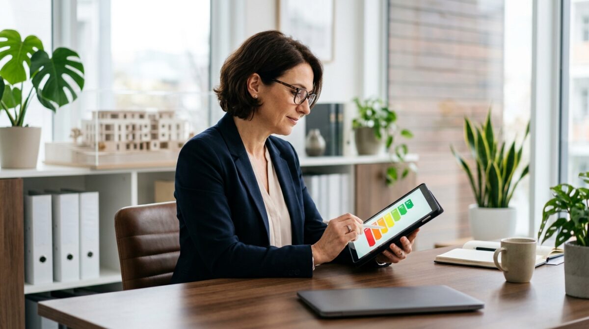 KI-generiertes Symbolbild: Ein Makler prüft die neuen Vorgaben für den Energieausweis 2027 auf einem Tablet am Schreibtisch.