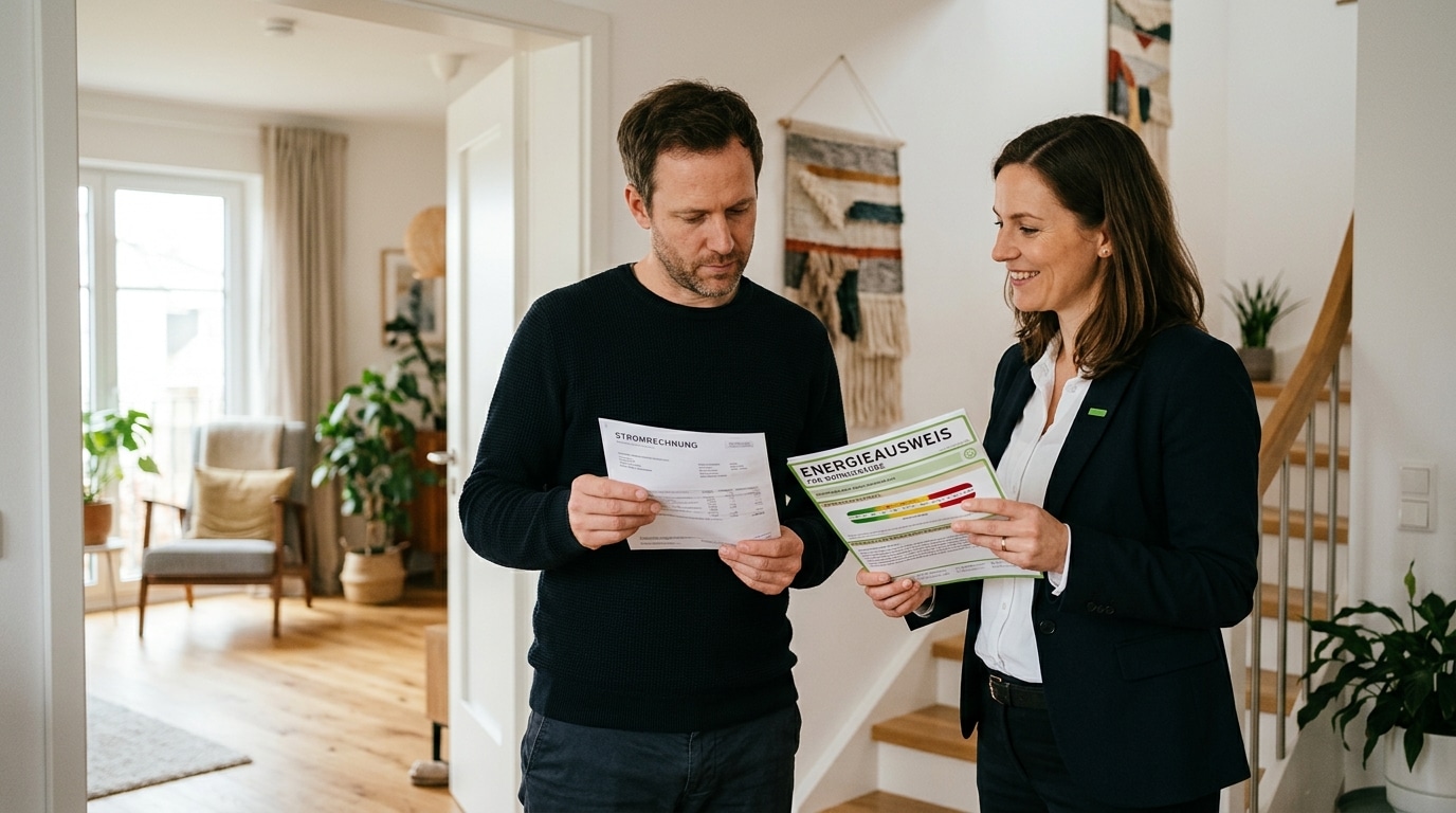KI-generiertes Symbolbild: Ein Immobilienmakler zeigt Kaufinteressenten bei einer Besichtigung den Energieausweis mit grüner Skala, während diese eine hohe Stromrechnung in den Händen halten.
