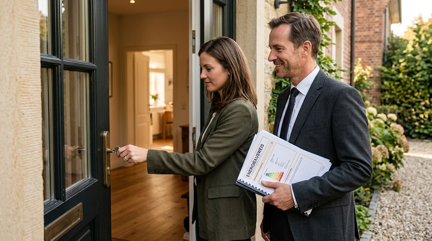 KI-generiertes Symbolbild: Ein Makler hält bei der Türöffnung zur Immobilienbesichtigung den gesetzlich vorgeschriebenen Energieausweis griffbereit.