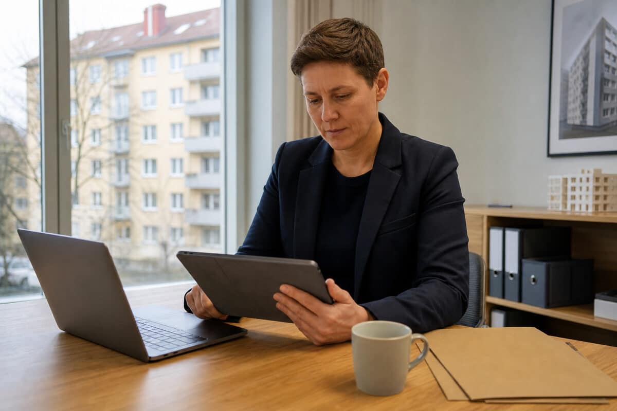KI-generiertes Symbolbild: Eine Immobilienfachkraft prüft am Tablet, welcher Energieausweis 2026 oder 2027 in Frage kommt.