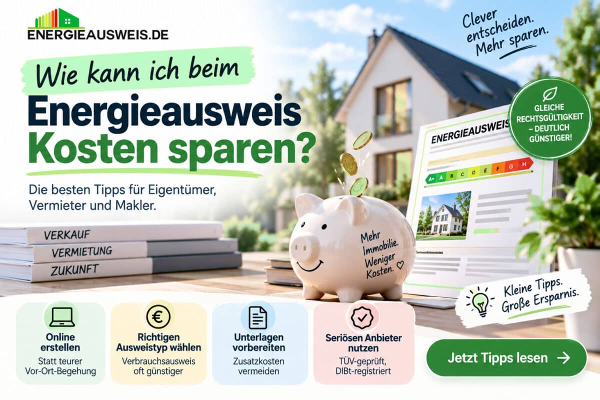 Wie kann ich beim Energieausweis Kosten sparen? Titelbild von energieausweis.de mit Sparschwein, Energieausweis mit Effizienzskala und Einfamilienhaus sowie vier Spartipps