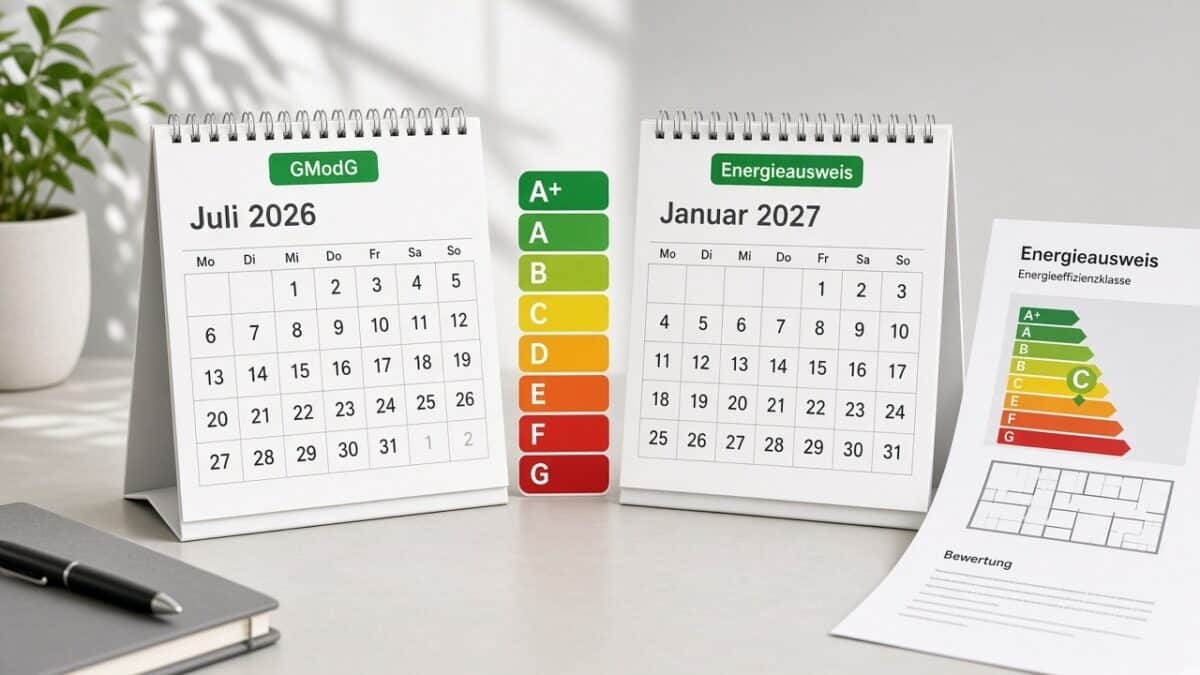 Zwei Kalender für GModG Juli 2026 und Energieausweis-Reform Januar 2027 neben Effizienzskala und Energieausweis, Stand 16.09.2026 (KI-Symbolbild)