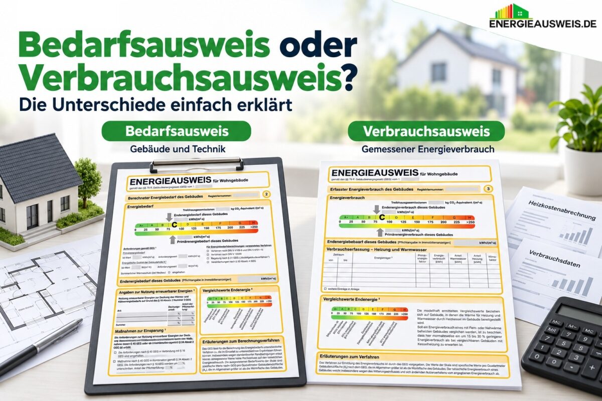 Bedarfsausweis oder Verbrauchsausweis: links Gebäude und Technik mit Modell und Grundriss, rechts gemessener Verbrauch mit Heizkostenabrechnung und Taschenrechner, Energieausweis-Skalen A+ bis H