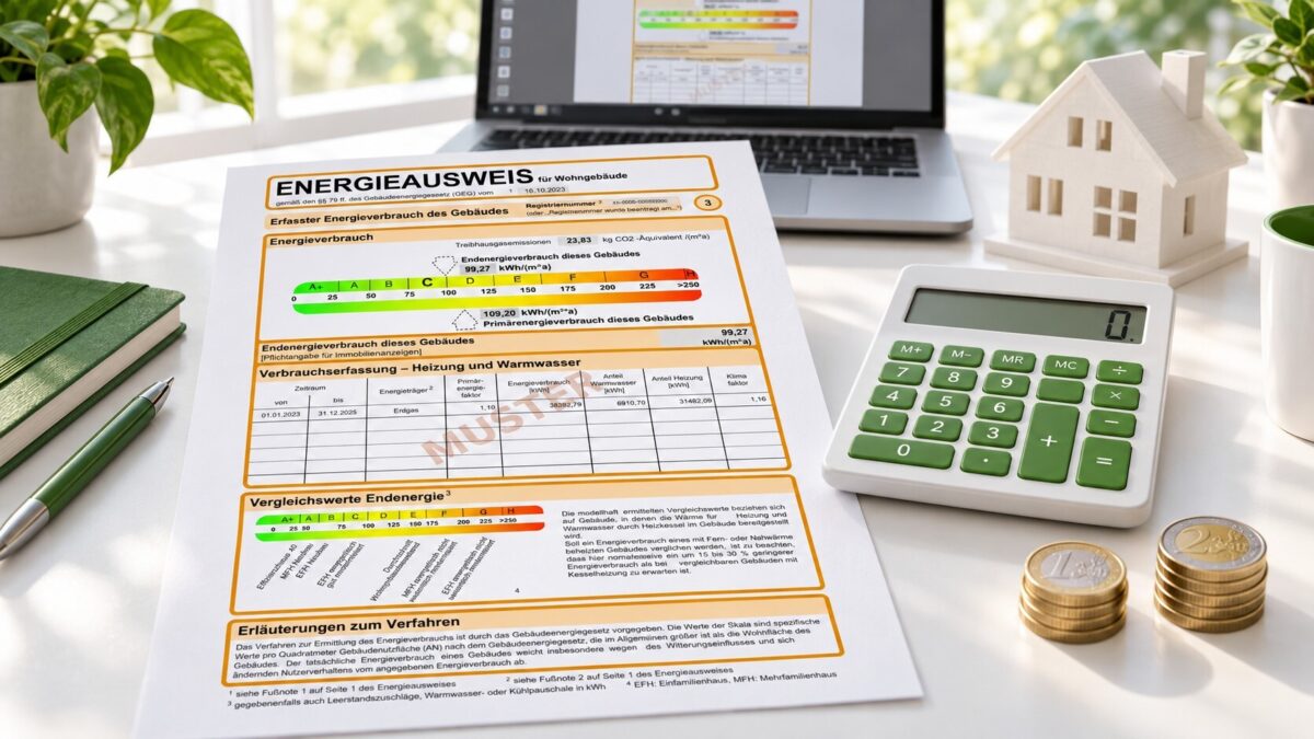 Was kostet ein Energieausweis online: Muster-Energieausweis mit Taschenrechner und Euro-Münzen