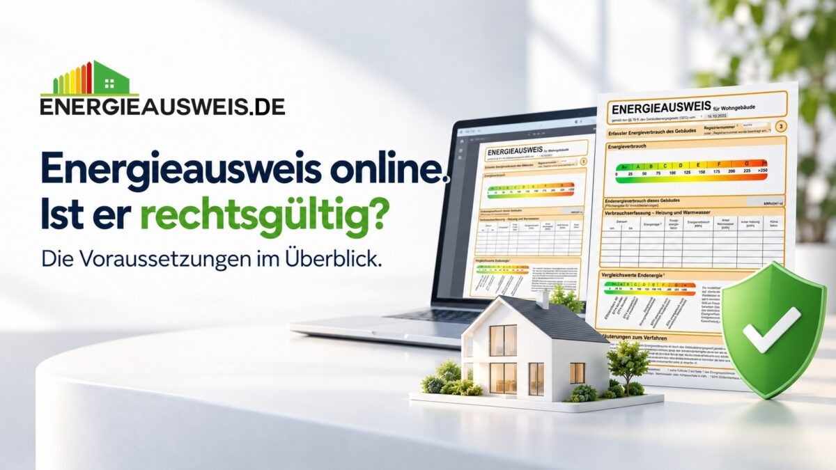Ist ein online erstellter Energieausweis rechtsgültig? Laptop mit Online-Formular, unterschriebenes Dokument mit Stempel, Stift und Hausmodell, Logo energieausweis.de