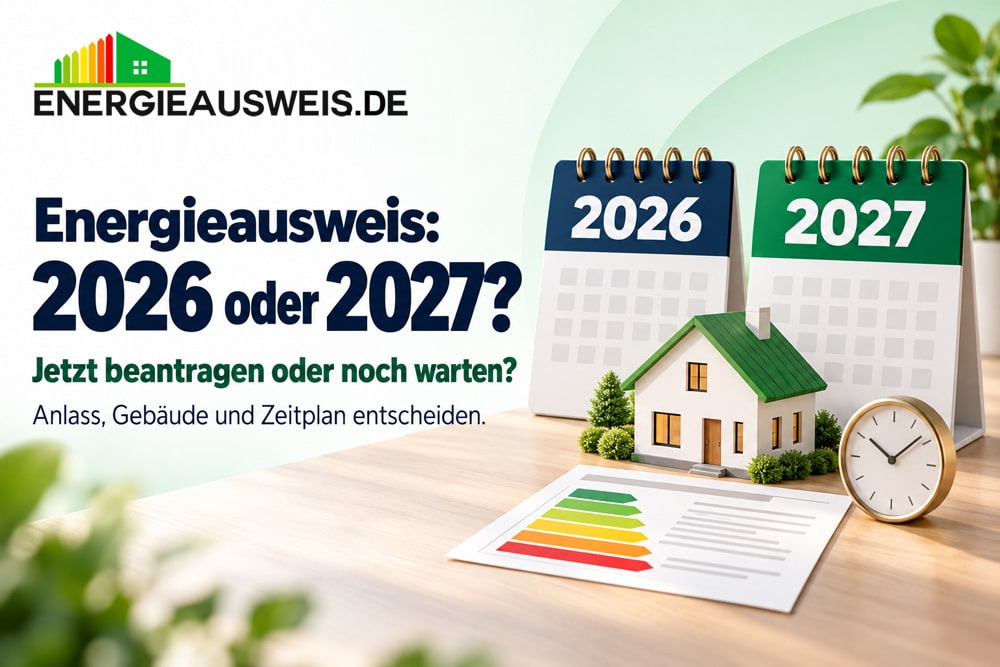 Energieausweis: 2026 oder 2027? Titelbild von energieausweis.de mit Kalendern 2026 und 2027, Einfamilienhaus, Uhr und Energieausweis mit Effizienzskala – jetzt beantragen oder noch warten?