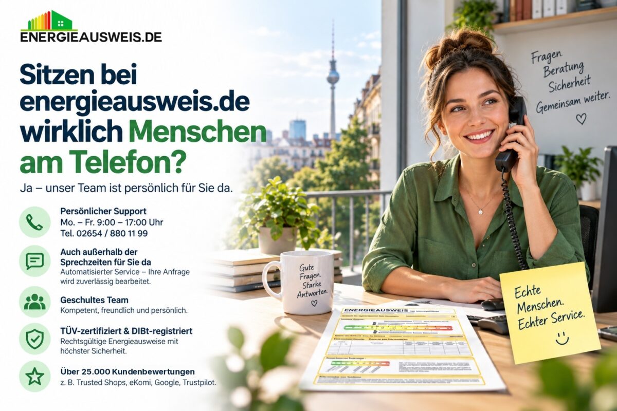 Sitzen bei energieausweis.de wirklich Menschen am Telefon? Persönlicher Support Mo.–Fr. 9–17 Uhr, TÜV-zertifiziert und DIBt-registriert