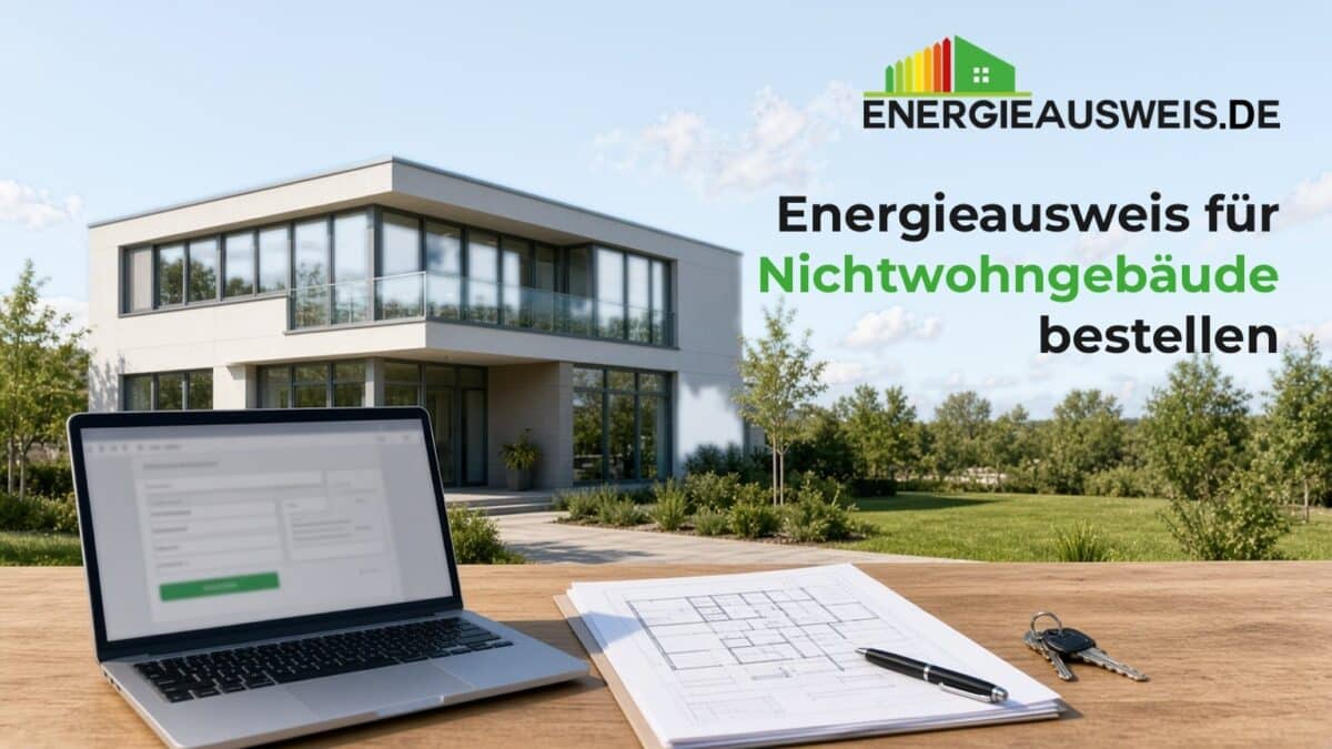 Energieausweis für Nichtwohngebäude bestellen: modernes Bürogebäude, davor Laptop mit Online-Bestellformular, Baupläne, Stift und Schlüssel, Logo energieausweis.de