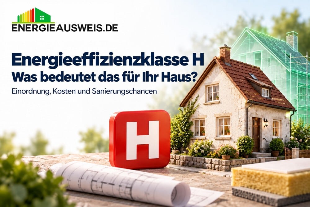 Energieeffizienzklasse H: Was bedeutet das für Ihr Haus? Älteres Einfamilienhaus mit rotem H-Symbol, Bauplan und Dämmmaterial, daneben angedeutete Sanierung